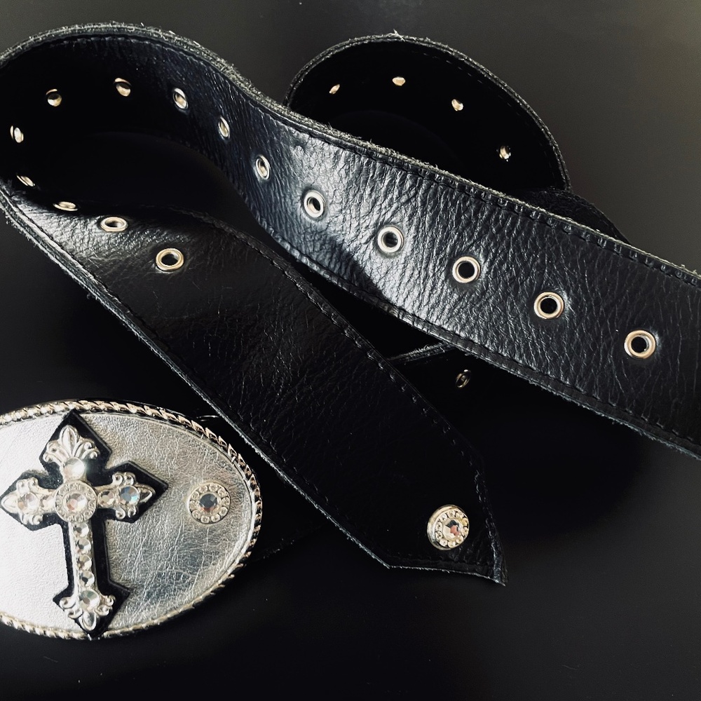 MICHELLE MONROE~Blk leather belt~Silver buckle/Swarovski crystals~Made in USA